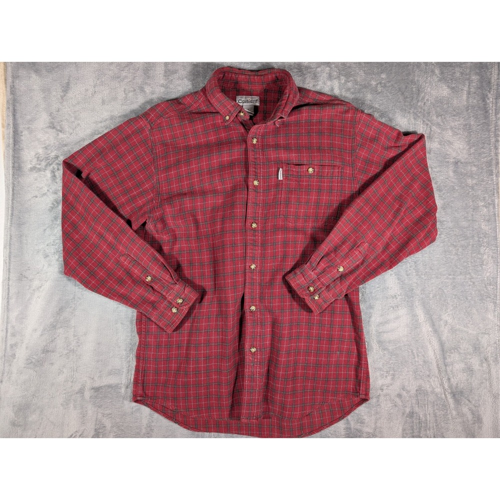 Carhartt Flannel Shirt Mens Large Red Plaid Cotton Long Sleeve Button Down VTG